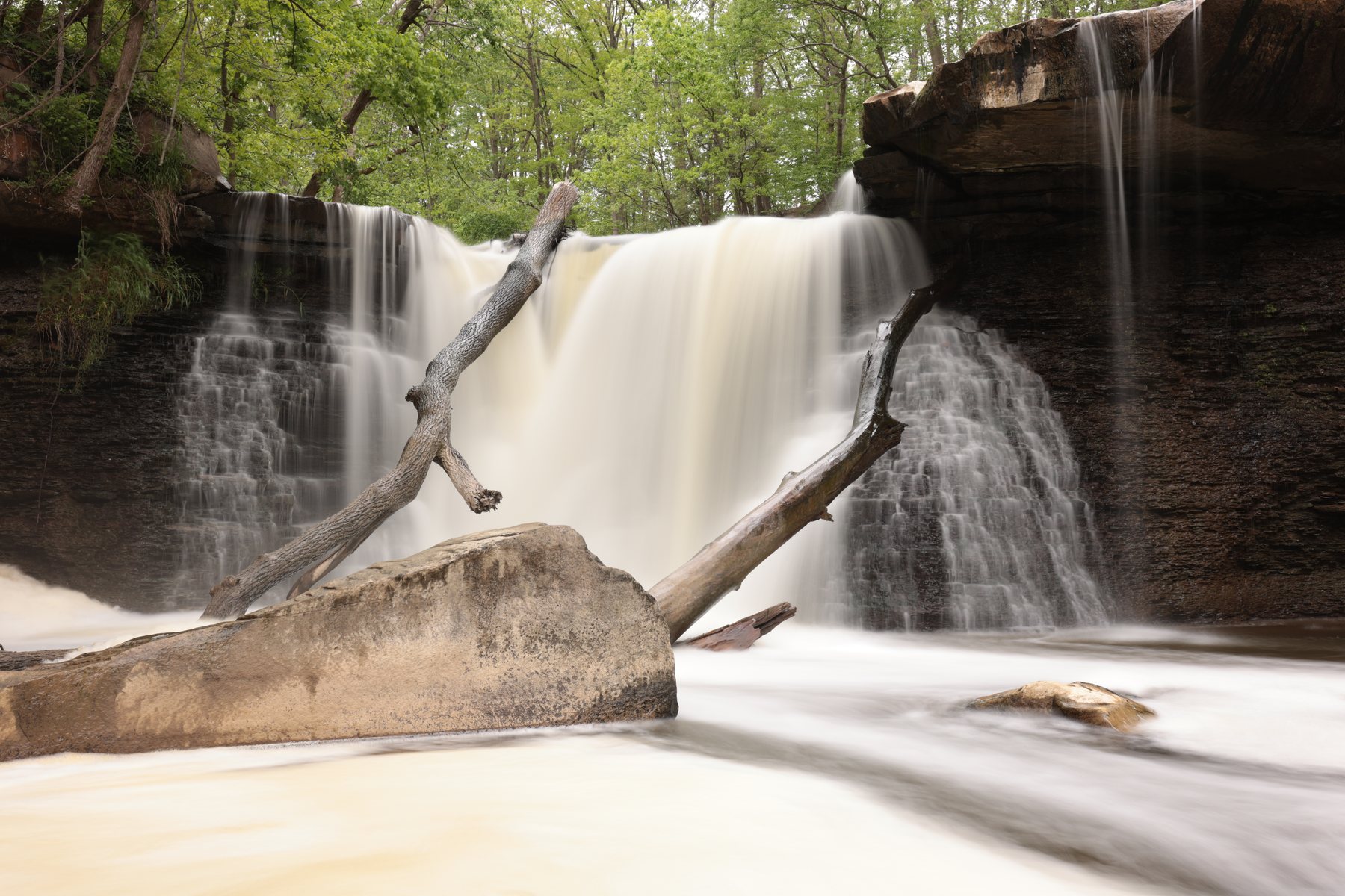 Long-exposure waterfall with smooth water movement.